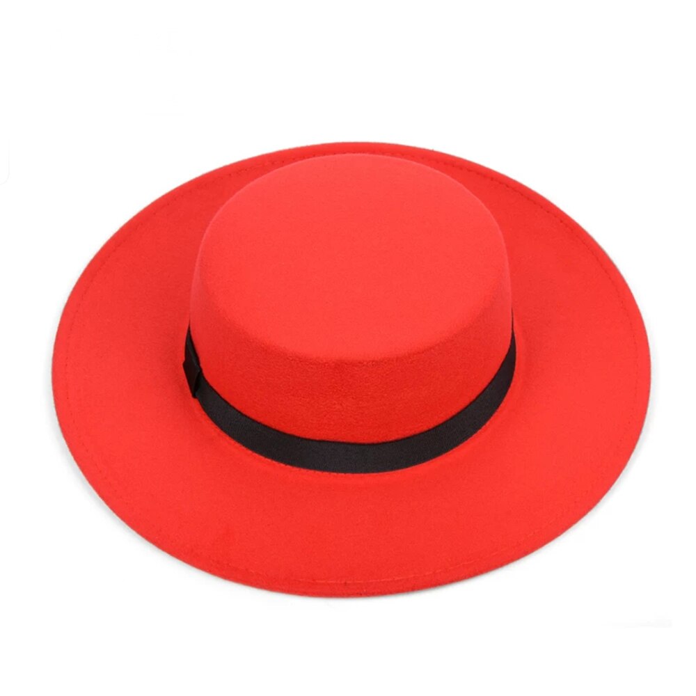 Klassisk ensfarvet filt fedoras hat bælte til mænd kvinder blanding jazz kasket bred skygge enkel kirke derby flad top hat mujer: 2
