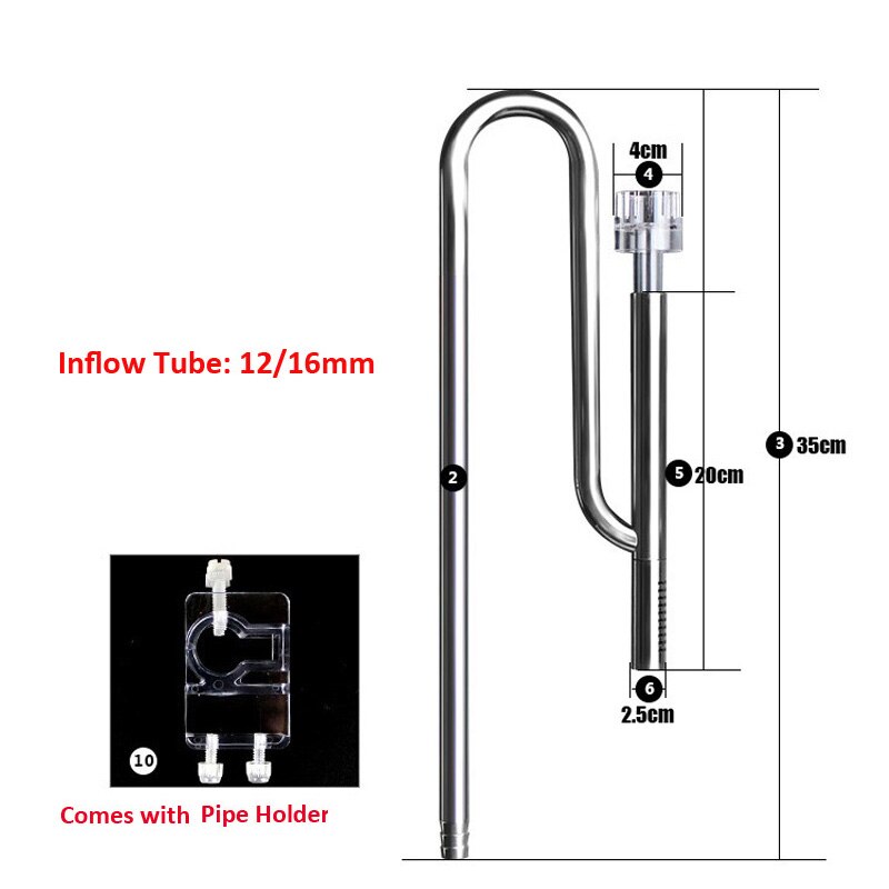 Aquarium Fish Tank Stainless Steel ADA Style Inflow Outflow Lily Pipe with Surface Skimmer: 12mm Inflow only