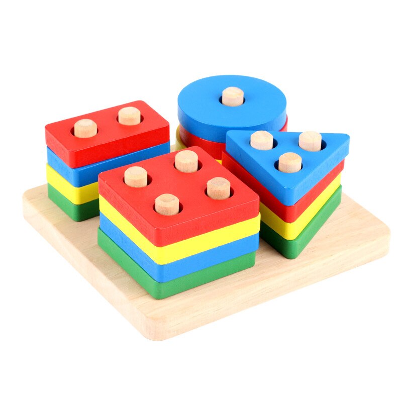 Colorful Geometric Shapes Matching Toys Hands-on Ability Four Columns Block Montessiri Wooden Educational Toy For Kids: C no box