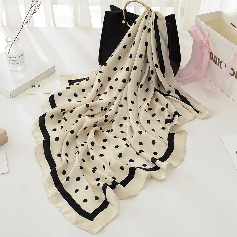 Mode Blauwe Stippen Vrouwen Sjaal Grote Zijde Gevoel Sjaal Sjaal Foulard Print Vierkante Kop Sjaals Wraps: SIZE 90CM BEIGE