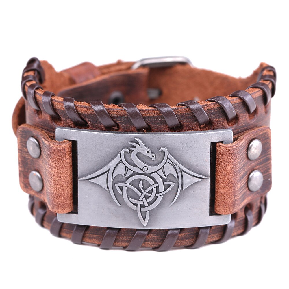 LIKGREAT Vintage Wicca Symbol Triqueta Pterosauria Dragon Charm Bracelets for Men Black Brown Leather Wrap Bracelet Cool Jewelry: 9