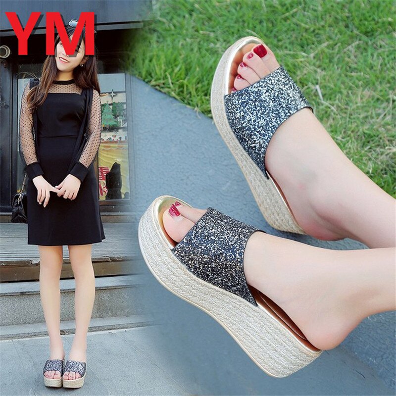 Zomer bling dames slippers rome retro casual schoenen dikke onderkant wig hak open teen sandalen strandschoenen slip on slides dames