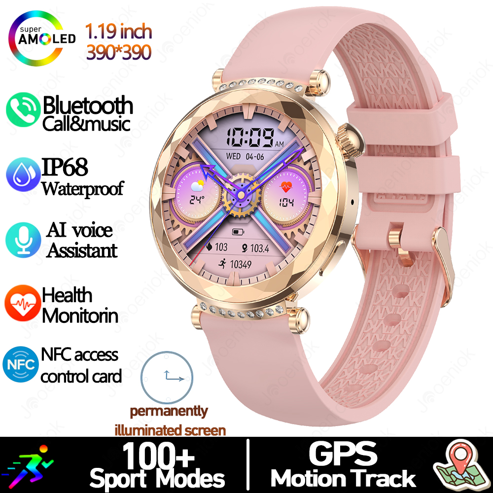 Novo relógio inteligente feminino presente amoled tela hd freqüência cardíaca esporte fitness à prova dwaterproof água mostrador personalizado bt chamada smartwatch para android ios: Preto