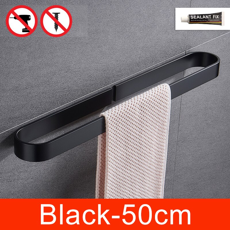 Self-adhesive Black Bath Towel Holder Bathroom Towel Rack No Punch Towel Rail Rack Towel Holder Bath Storage Shelf ML65B: Black-50cm