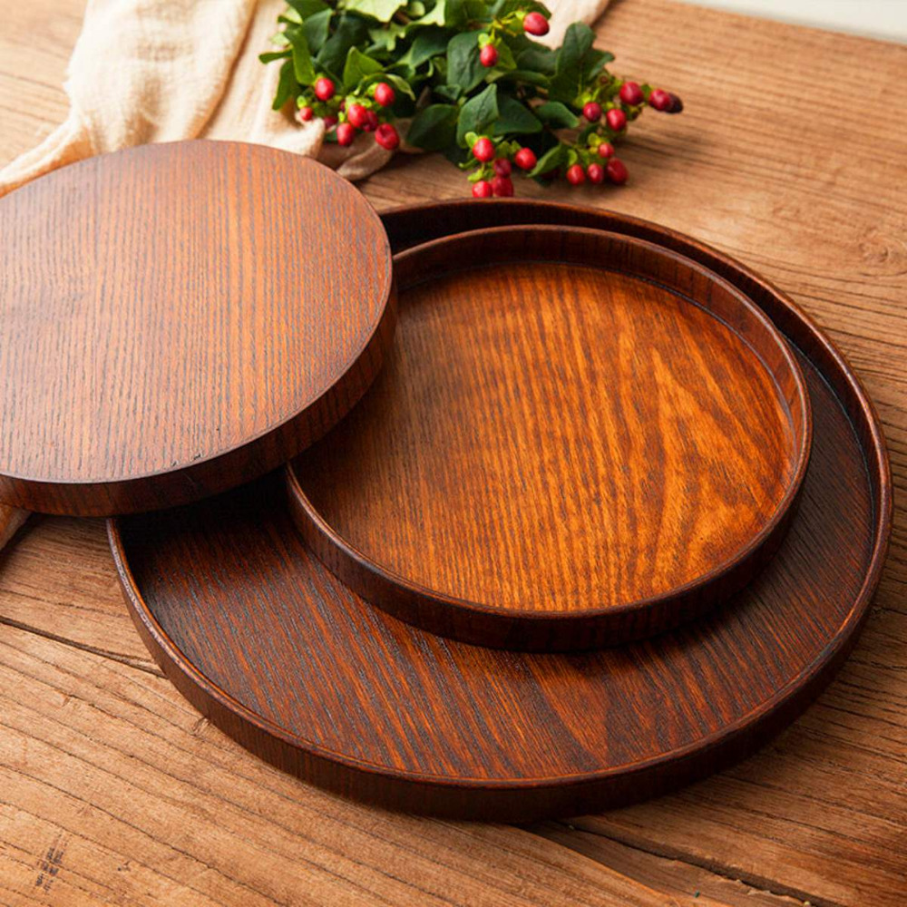 Bandeja Redonda De Madera Natural Para Servir, Plato De Madera Platos Para Servidor De Comida Y Te Plato Para Bebidas Y Agua 27cm