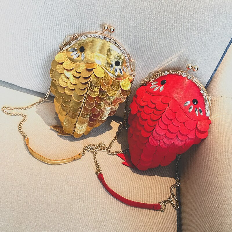 Sj dames leren schoudertassen ketting messenger bag italië handwerk cartoon 3d goudvis schubben map trend single