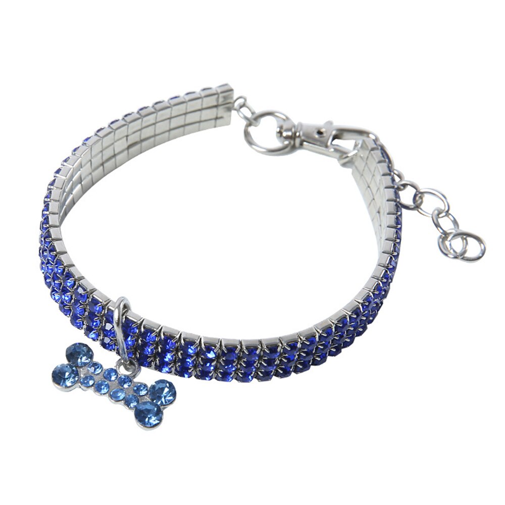 3 rijen diamanten hondenhalsband met juwelen en een hanger van bot, strass-kristalband, puppyhondenhalsband van leer: Blauw / M