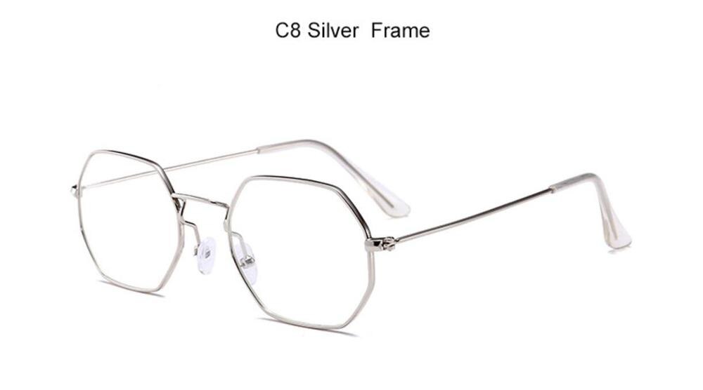 90's hexagon zonnebril vrouwen classic Platte Lens Clear Zonnebril mannen mannelijke retro kleine metalen frame zonnebril vierkante glazen: C8 Silver Clear