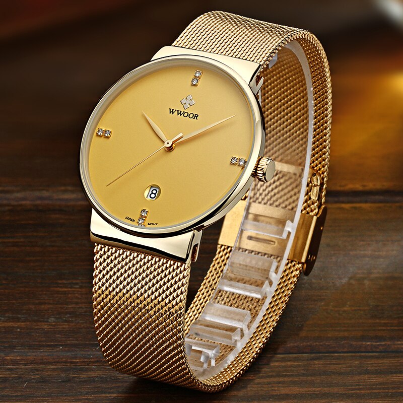 WWOOR-montre de luxe pour hommes, en acier inoxydable, doré, montre à Quartz minimaliste, diamant