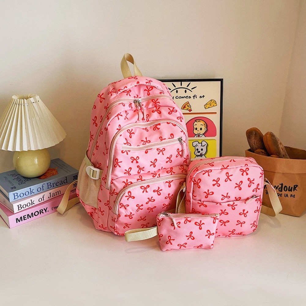 3 stuks/set rugzakken met grote capaciteit, strikprint, nylon schooltas, verstelbare schouderbanden, studentenrugzak: Zwart
