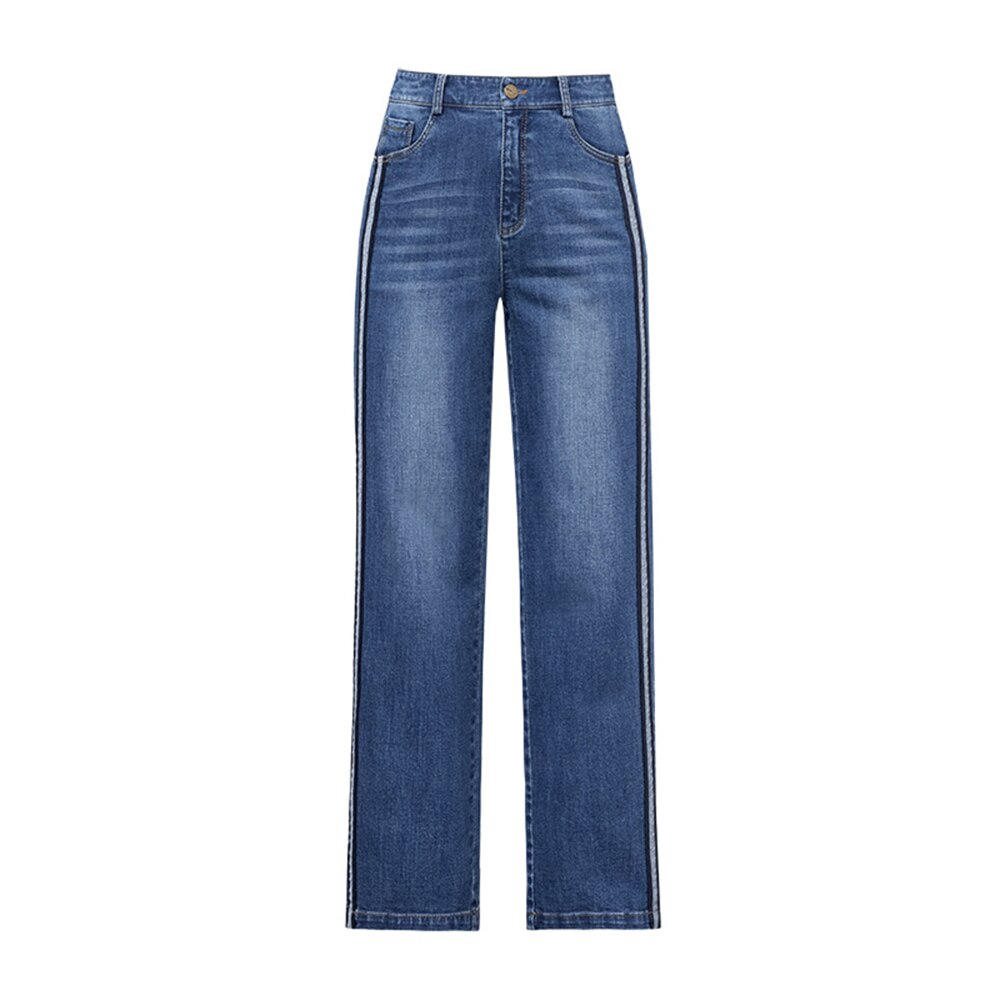Women Denim Jeans Wide-leg Straight Slimming Bleached Blue Stretchy Jeans For Autumn Plus Size Side Pipe Striped Pattern