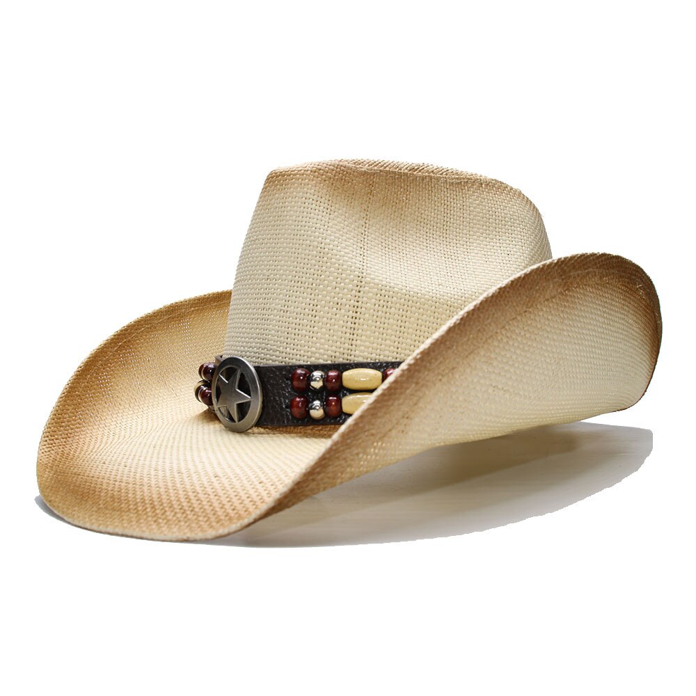 Luckylianji retro dam herr sommar halm strand bred brätte cowboy western cowgirl hatt stjärntecken med pärla läder band (58cm)