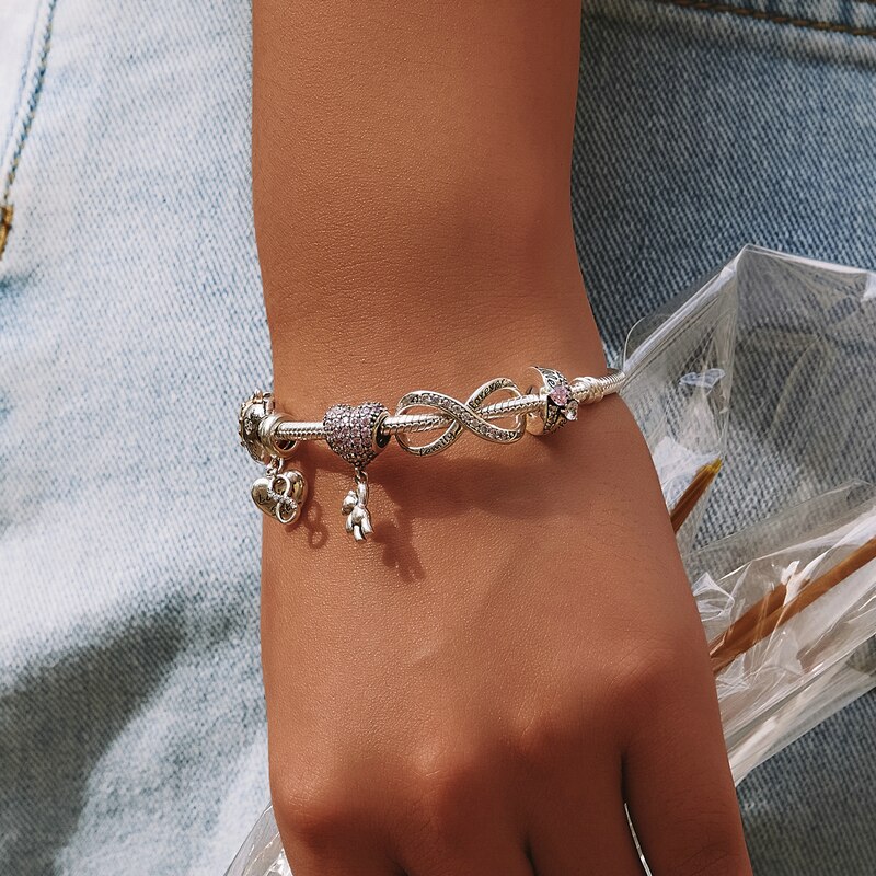 WOSTU autentico 100% argento Sterling 925 zircone rosa perline di cristallo fascino misura originale ciondolo braccialetto argento 925 creazione di gioielli