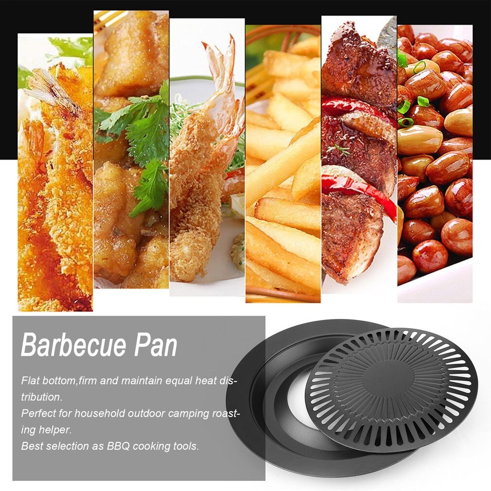 Portable Round Shape Smokeless Indoor Barbecue Grill with Brush Non-Stick Barbecue Pan Roasting Tray Kitchen BBQ Cooking Tools