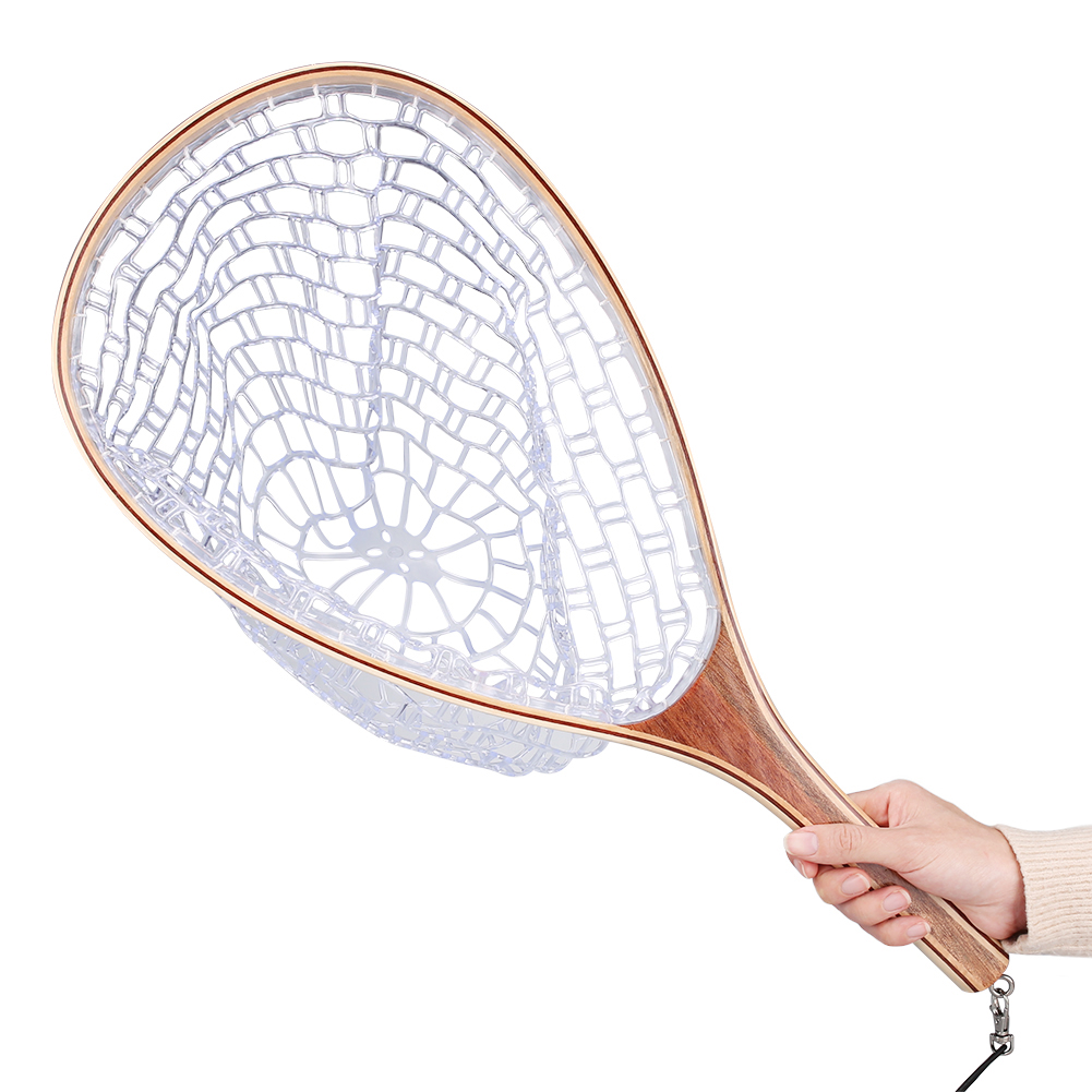 Landing Fish Net Fishing Hand Nets with Clear Rubber Mesh Netting Wooden Handle Fly Fishing Equipment for Catch and Release: WHITE