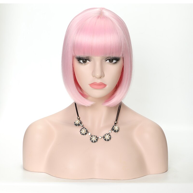 Lanyi kort lichtrood steil bobkapsel met pony synthetisch haar voor vrouwen 12 cm hittebestendige vezels dagelijkse natuurlijke pruiken: Roze