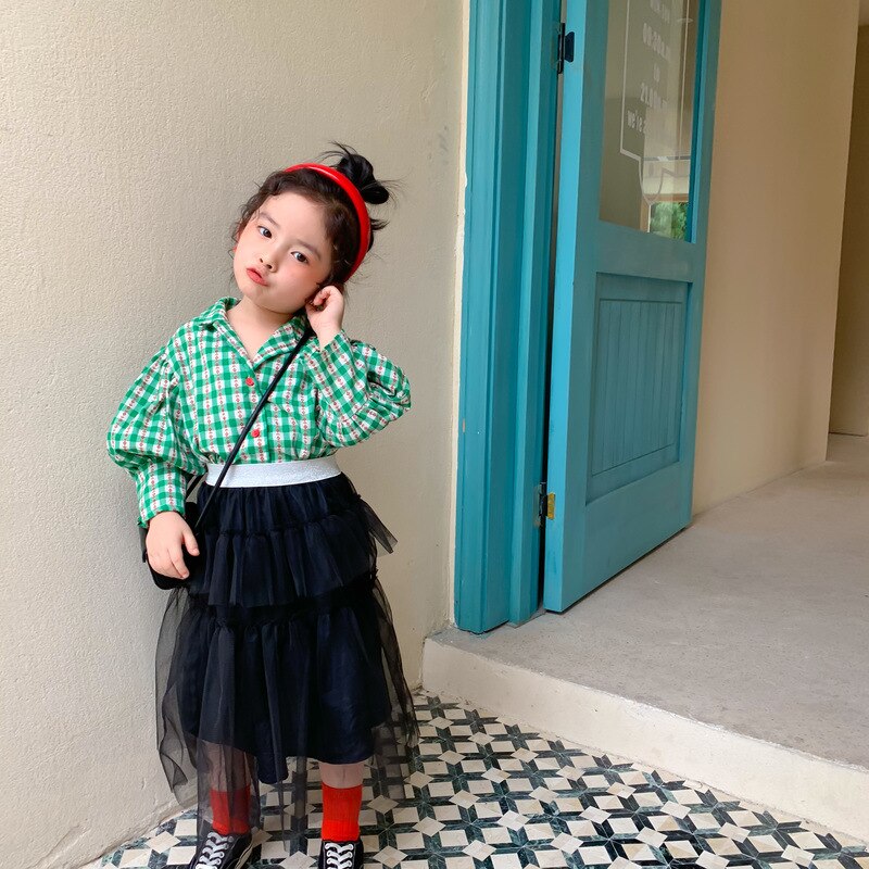 Efterår piger plaid bluser børn bomuld bluser: Grøn / 6t