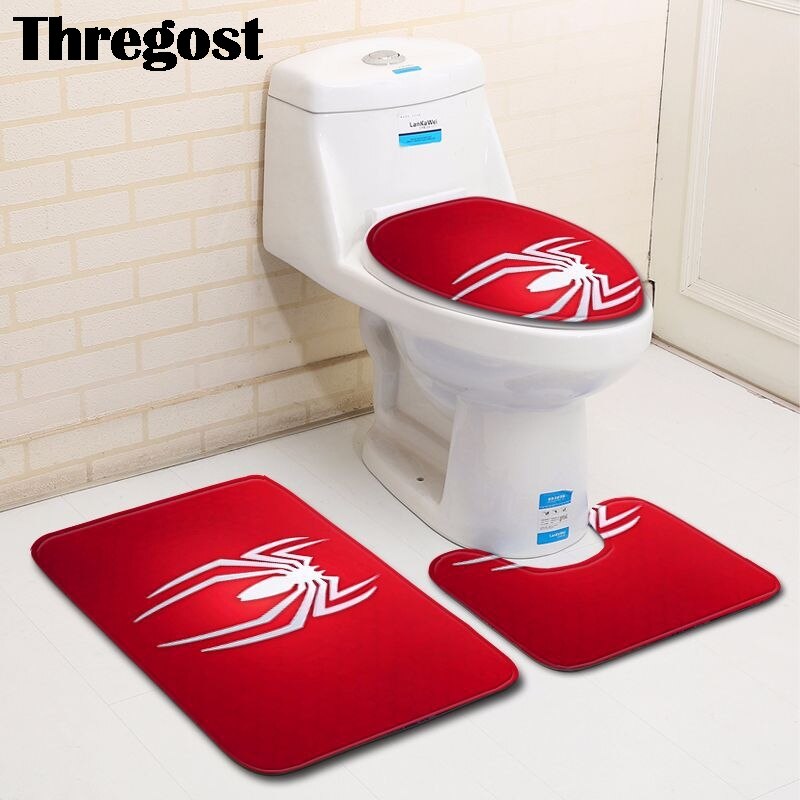 Thregost 3 stuks badmattenset u-vormig badkamertapijt cartoon spinnenpatroon toiletmatten antislip wc-mat waterabsorberende badmatten