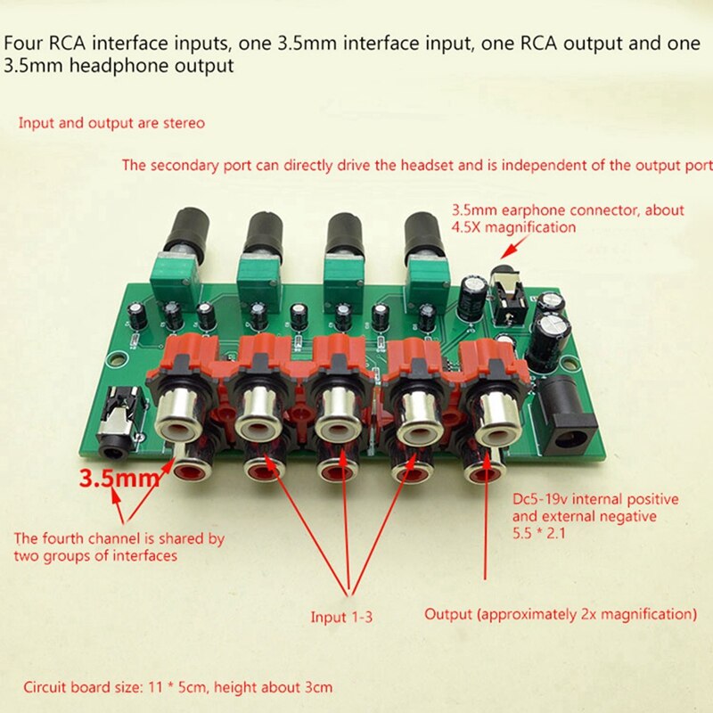 Multi-Source RCA Mixer Stereo Audio Reverberator 4 Input 2 Output Audio Switch Switcher Driver Headphone Volume Control