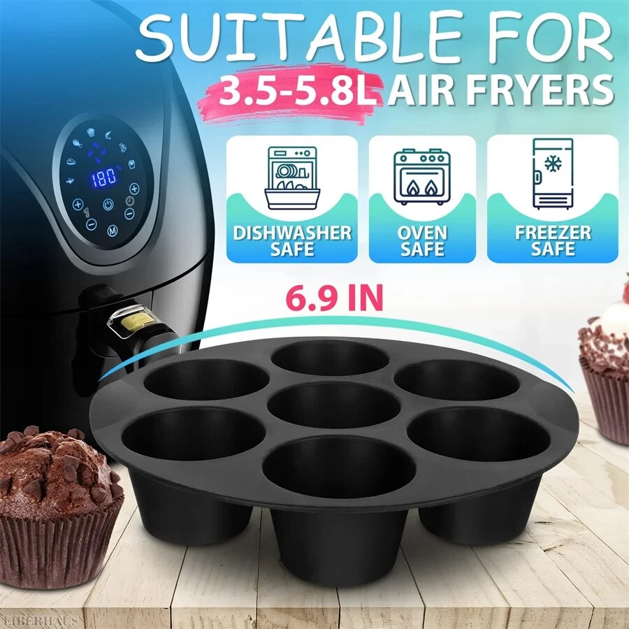 Molde para magdalenas de silicona Airfryer de 7 pulgadas y 7 tazas para Mini molde antiadherente para pastel de 3,5 a 5,8 L, accesorios para freidora de aire