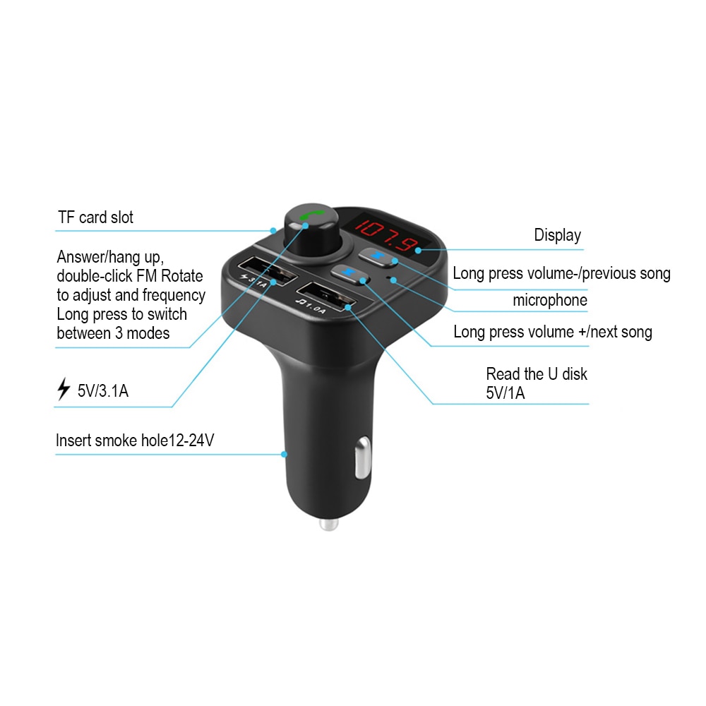 Car Fm Wireless Bluetooth 5.0 Hands-free Kit FM Transmitter Car MP3 Radio Adapter 2 USB Charger FM Modulator