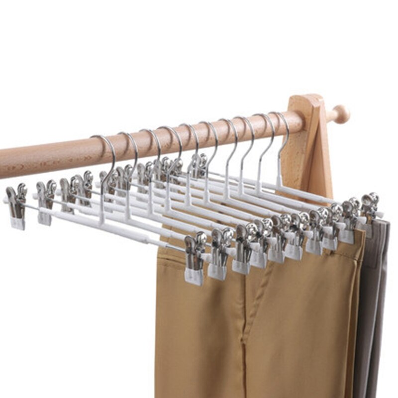 10x Bottom Hangers Heavy Duty Clothes Coat Trousers Pants Hanging Drying Rack for Slacks Jeans with 2-Adjustable Anti-Rust Clips: 01 (white)