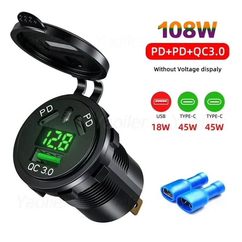 12V/24V USB-Steckdose 108W 3 Häfen Autoladegerät Dual 45W PD Typ C & 18W QC 3.0 USB-Ladegerät für Motorrad-Steckdose Ladeadapter: Braun