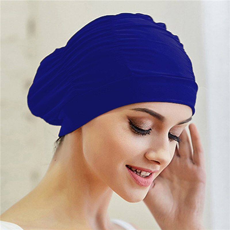 Gorro de baño de nailon elástico para mujer y niña, gorro de baño de pelo largo, drapeado elástico, tamaño libre, turbante deportivo para piscina: Morado