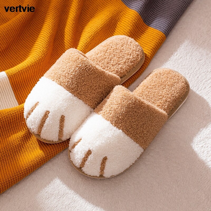 Vertvie Winter Slippers Vrouwen Mannen Paar Schoenen Leuke Kat Poot Thuis Indoor Harige Slippers Unisex Warm Pluche Slippers Zachte Schoenen: khaki / 40-41