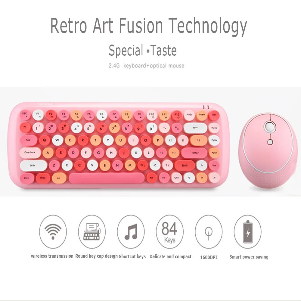 Combos Candy Color WIRELESS KEYBOARD Mouse PINK Girl Roud Keycap Gaming Keyboard for Notebook PC Girls Giftand