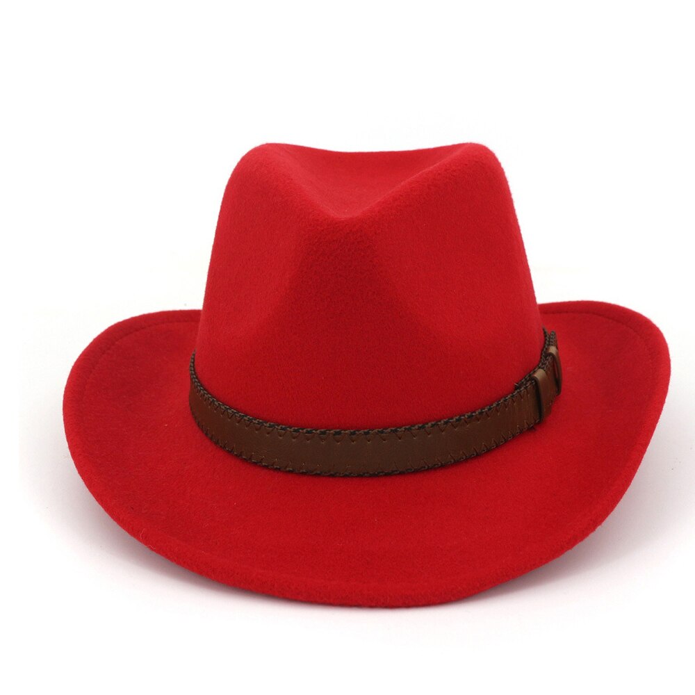 Unisex Men Women Wool Western Cowboy Hat With Punk Belt Outdoor Travel Sombrero Hombre Hat Size 56-58CM: Red