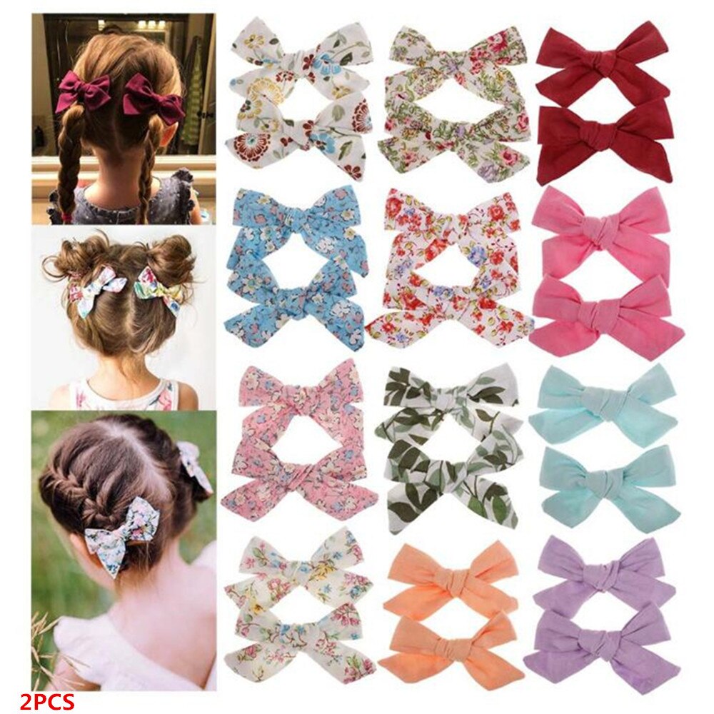 2Pcs Baby Meisjes Afdrukken Bloem Bohemien Mode Boog Bb Hair Clips Kinderen Leuke Katoenen Haarspelden Metalen Baret Haar Accessoires