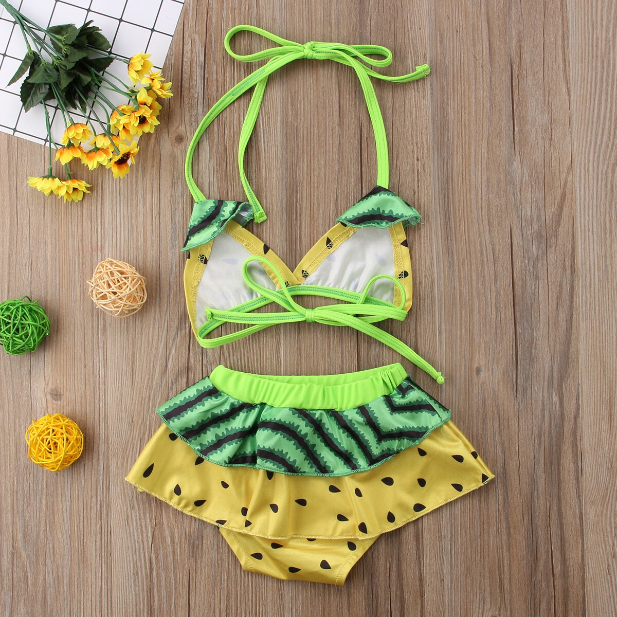 Baby Girl Yellow Watermelon Printed Ruffled Bikini Tankini Sets Kids Summer Beach Two Pieces Swimsuit Swimwear Bathing Suit