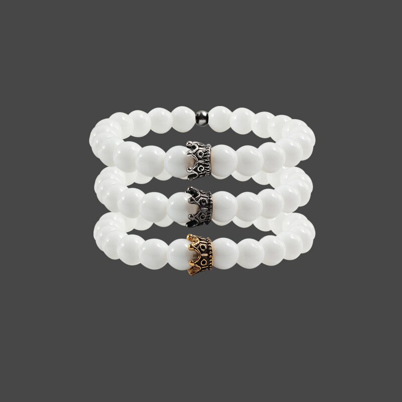 Heiße Neue Charme Krone Männer Armreifen Natürliche Stein Weiß Porzellan Perlen Armbänder Hand Zubehör Für Frauen Elastische Seil Hand Kette