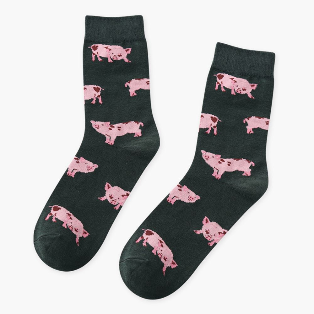 1 Pair Lovely Pig Animal Pattern Women Cartoon Cotton Socks Casual Soft Short Ankle Sock Lady Comfortable Short Sock: Dark green