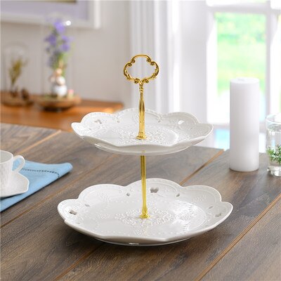 Ronde witte reliëf keramische fruitschaal europese drielaagse snackschaal taartschaal woonkamer snoepschaal plank: 20-25.5cm a2