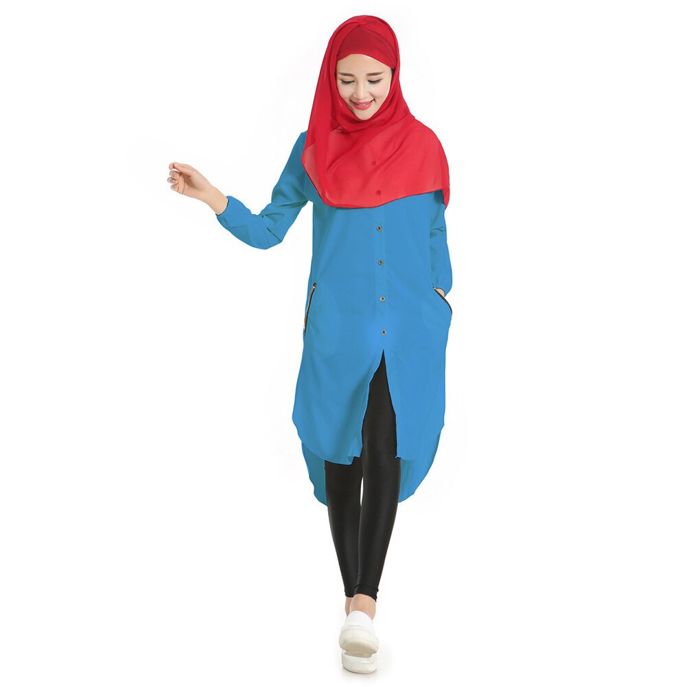 Kvinder muslimsk bluse afslappet islamisk tøj knap foran solid lange skjorte bluser toppe: Blå / Xl