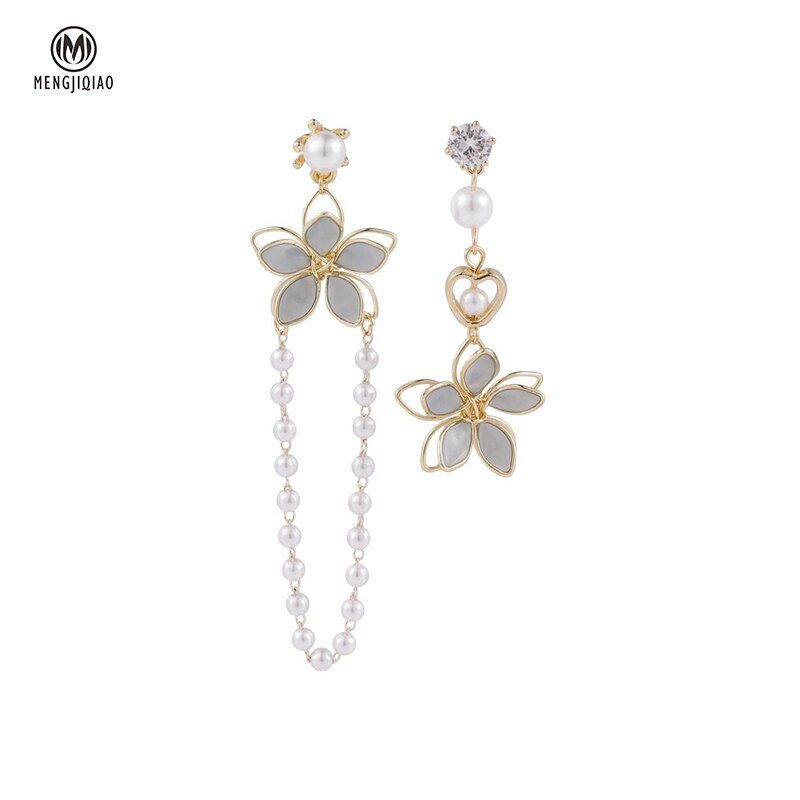 Mengjiqiao Asymmetrische Metalen Hollow Flower Dangle Oorbellen Voor Vrouwen Elegante Parel Kwastje Pendientes Jewery