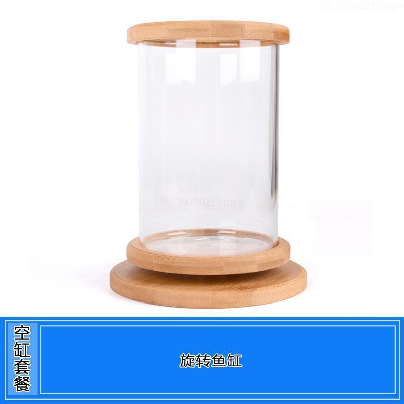 Fish Tanks Mini Desktop Aquaponic Aquarium 360 Rotating Ultra-clear Glass Fish Bowl with Non-slip Wooden Base Lid: 1