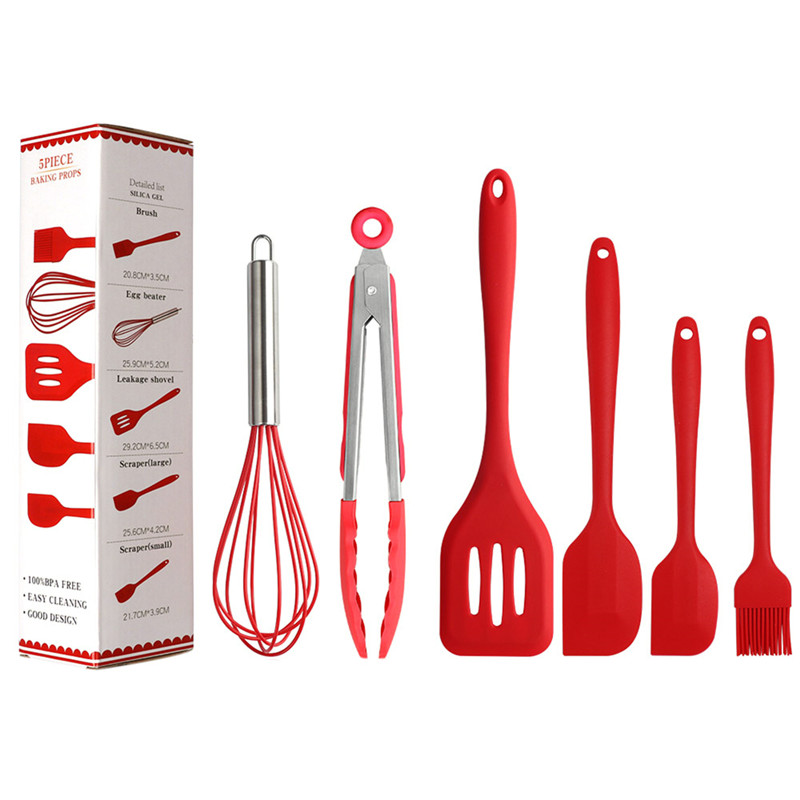 Juego de utensilios de cocina de silicona, 6 pinzas, espátula grande, espátula, batidor de huevos, pala de fugas, utensilios de cocina