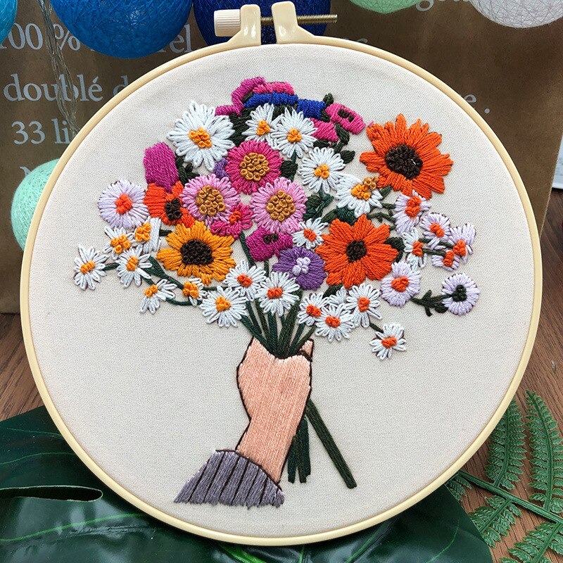 Bouquet Pattern Beginner Handmade Art Needlework Material DIY Kits Embroidery Fabric Sewing Craft Set Home Decor