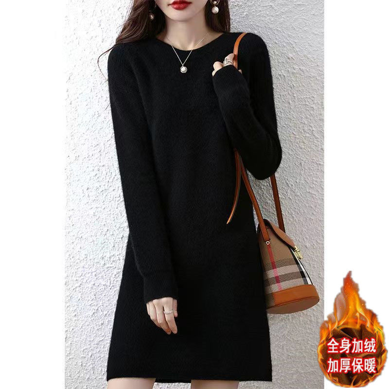 Herfst Winter Dames O-Hals Effen Kleur Breien Jurk Dames Losse Casual Toevoegen Fluwelen Bodemgewaad Femme Vestidos De Fiesta: M / green