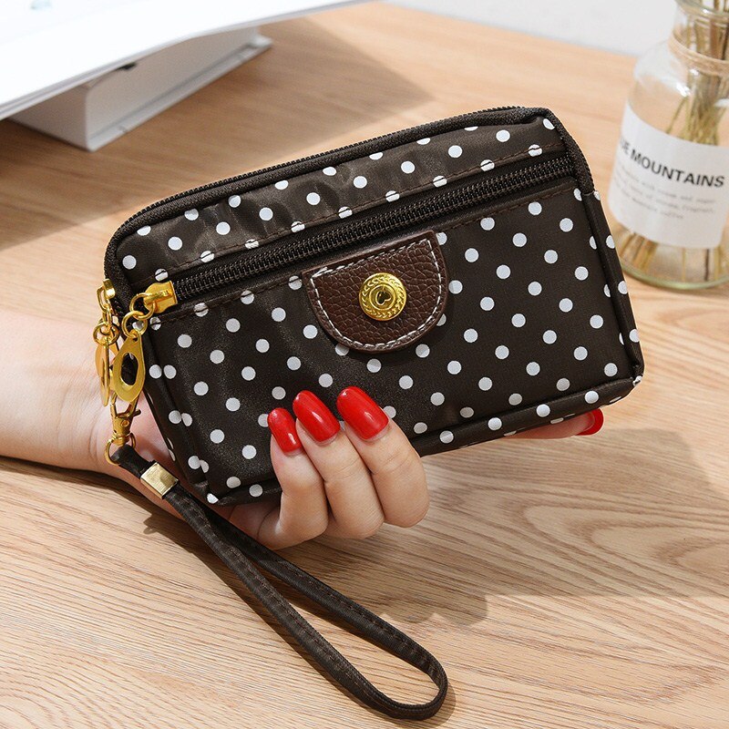 Women Wallet Cute Dot Canvas Three Zipper Multi-layer Fabric Mobile Phone Bag Female Clutch Pouch: Brown