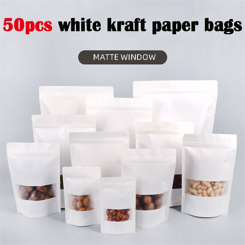 50pcs White Kraft Paper Bag With Window Frosted Zip Lock Food Snack Tea Candy Oil Water Proof Bag Packing Paper Bag