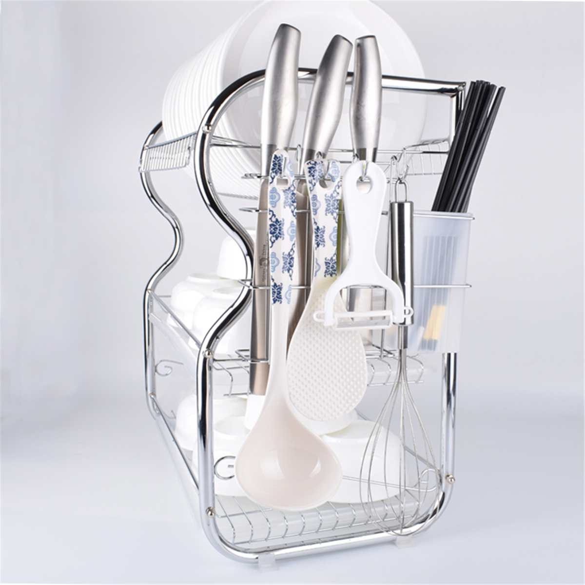 3 Layer Chrome Alloy Kitchen Over Sink Dish Drying Rack Insert Storage Organizer Drainer Cutlery Holder Drip Kitchen Storage