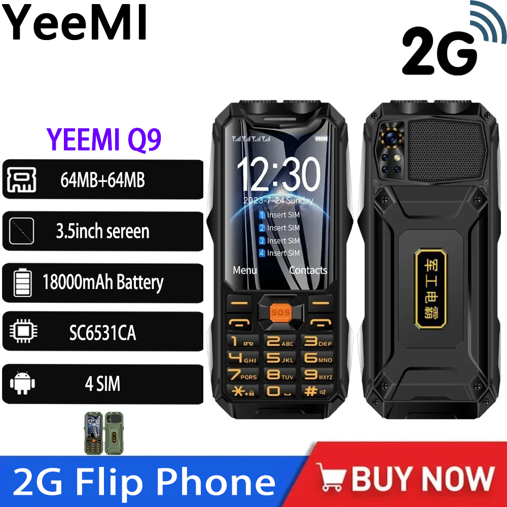 YEEMI Q9 GSM 2G Wytrzymały Telefon Komórkowy z Obsługą 4 Kart SIM, Wytrzymały Telefon Kryty z Wyświetlaczem HD 3,5 Cala, Duża Bateria, Głośny Głośnik, Celulares