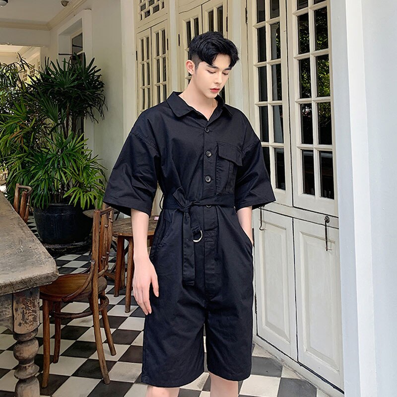 Men Jumpsuits Overalls Summer Short Sleeve Loose Casual Shirt Style Short Trouser Male Women Streetwear Hip Hop Harem Pants