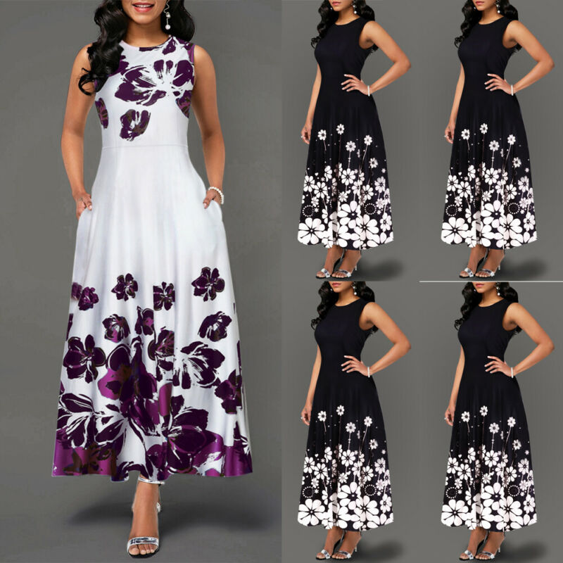 Dames boho bloemen lange vintage maxi-jurk avondfeest strand tuniek mouwloze jurk zomer
