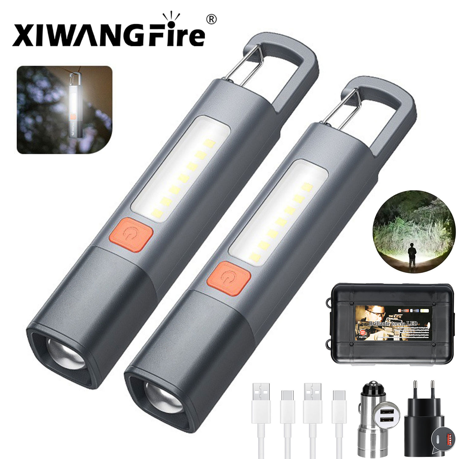 Linterna LED XPE COB, luz lateral, linterna portátil con gancho, luz de Camping, linterna impermeable con zoom recargable por USB
