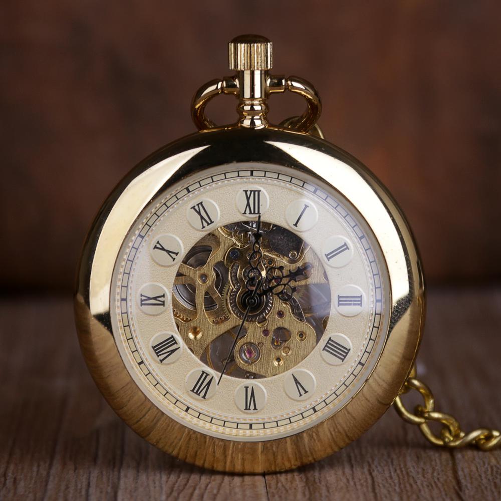Luksus gyldne mekaniske lommeure guld skelet håndviklet retro mandligt ur med vedhæng kæde